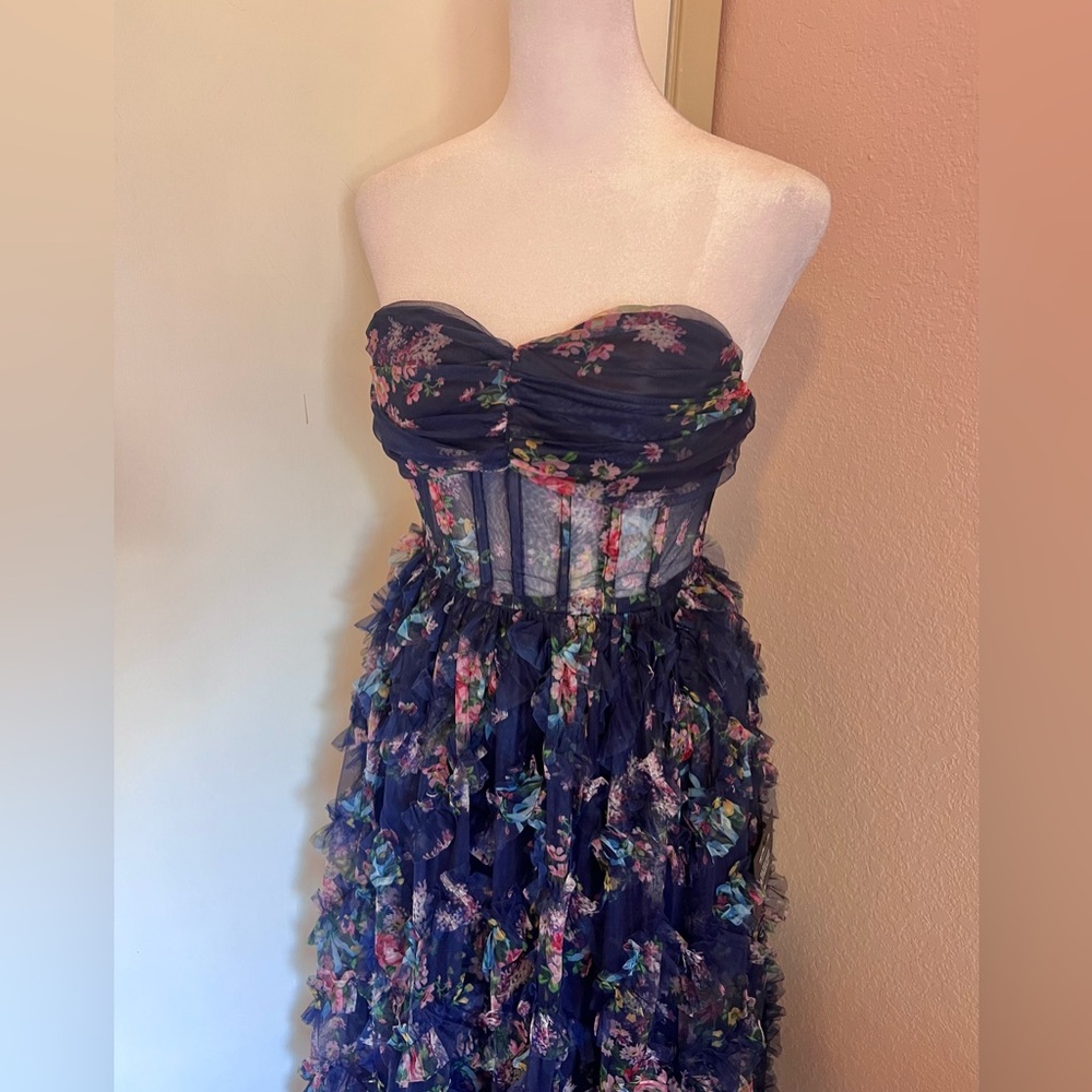 Lulus Stunning Element Navy Floral Mesh Ruffled Strapless Maxi Dress - Picture 8 of 13
